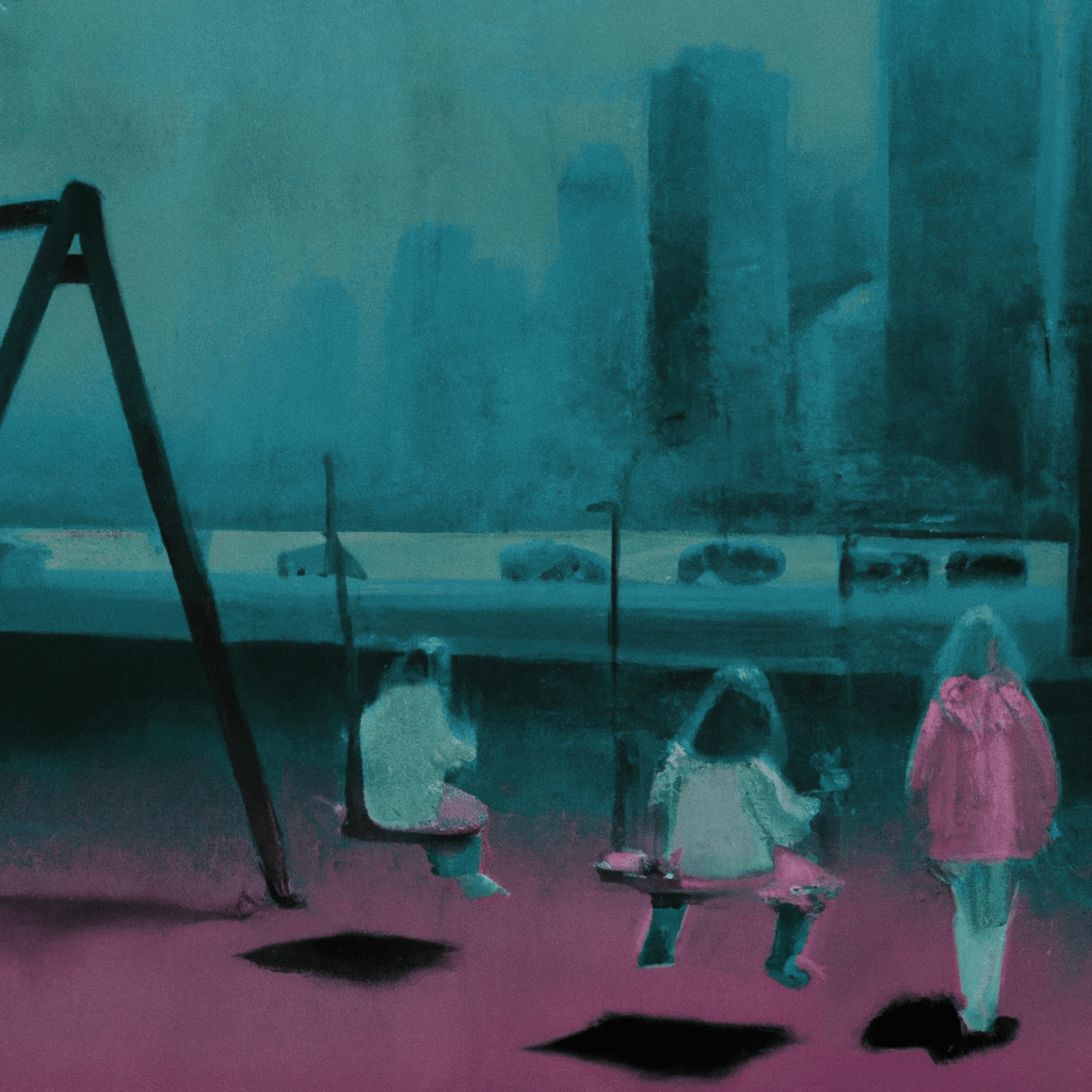 Playground by Lucena Vellori — digitally constructed scene with figures in vibrant colour